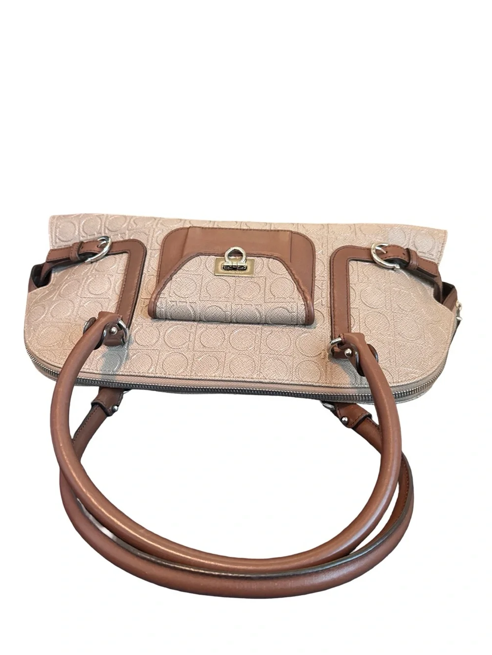 Salvatore Ferragamo Gancini Canvas & Leather Satchel Handbag Beige Brown Italy - Picture 10 of 15